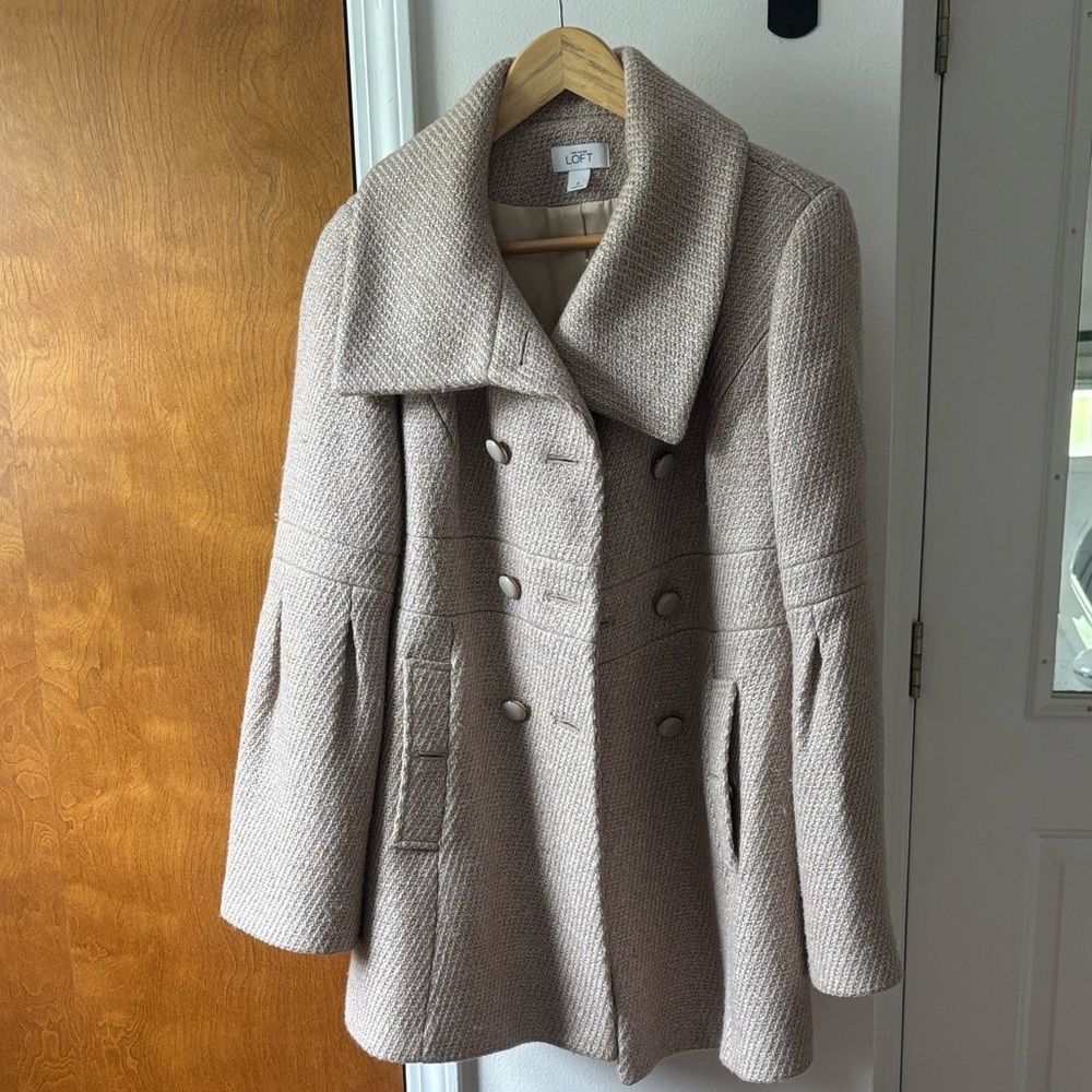 Loft Women's Double-Breasted Wool Blend Coat in Beige and Metallic Thread